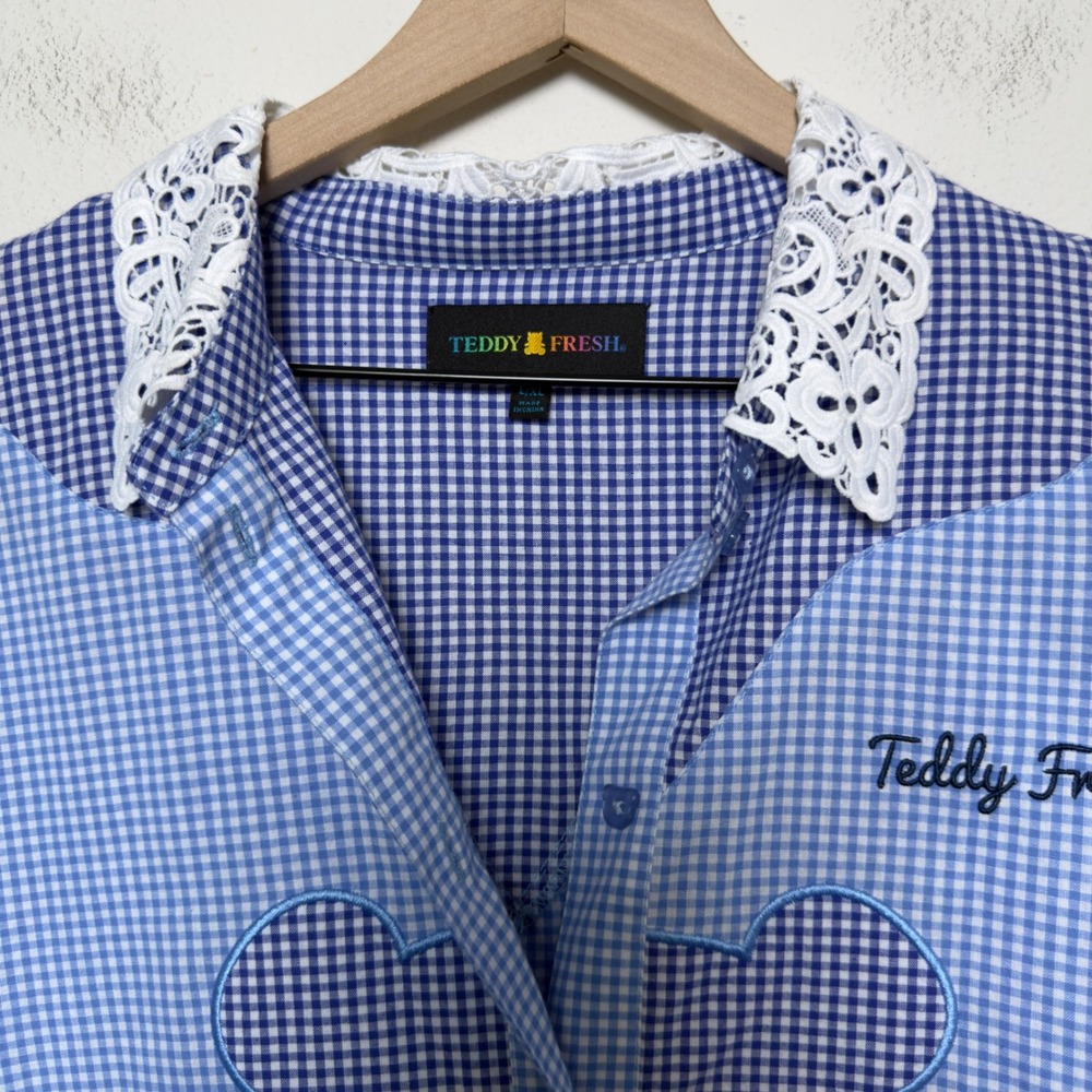 Teddy Fresh Women Gingham Shirt Dress L/XL Blue Bear Lace Trim Patchwork Oversiz - Picture 4 of 13